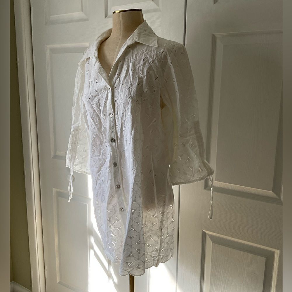 Susan Graver Style 3/4 Sleeve Eyelet Button Front Tunic Top Shirt - M